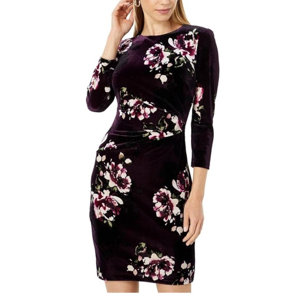 Vince Camuto Velvet Long Sleeve Floral Print Sheath Cocktail Dress Purple Size 8